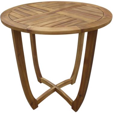 27.5 Inch Outdoor Circular Wood Bistro Table with Curved Legs and Slat Panel Top In Teak