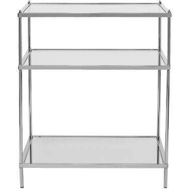 27 Inch Mirrored Glass and Iron End Table with Shelf In Silver