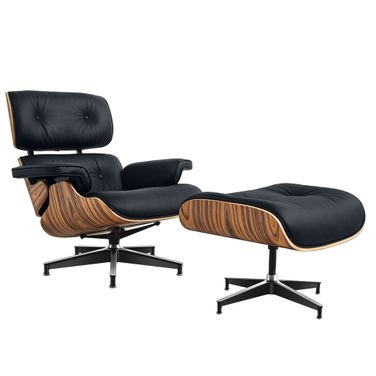 27 Inch Tufted Genuine Cowhide Swivel Lounge Chair with Ottoman In Black and Brown
