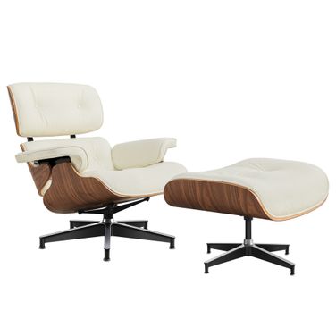 27 Inch Tufted Genuine Leather Swivel Lounge Chair with Ottoman In Off White and Light Brown