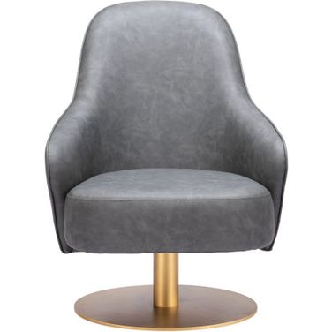 28 Inch Faux Leather and Faux Leather Swivel Arm Chair In Gray and Gold