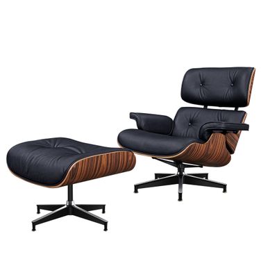 28 Inch Tufted Genuine Leather Lounge Chair with Ottoman In Black and Rosewood