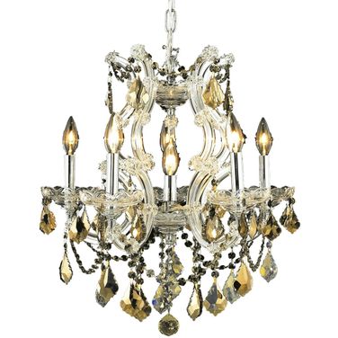 Maria Theresa 20" Chrome 6 Light Pendant With Golden Teak Royal Cut Crystal Trim
