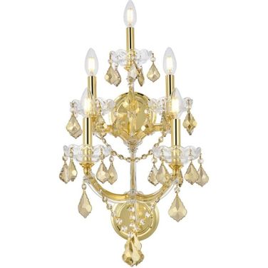 2800w5g GtRc Maria Theresa 12" Gold 5 Light Wall Sconce With Golden Teak Royal Cut Crystal Trim