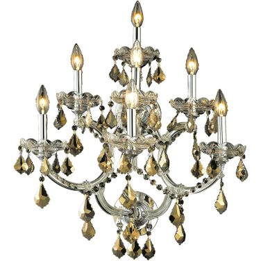 2800w7c GtRc Maria Theresa 22" Chrome 7 Light Wall Sconce With Golden Teak Royal Cut Crystal Trim