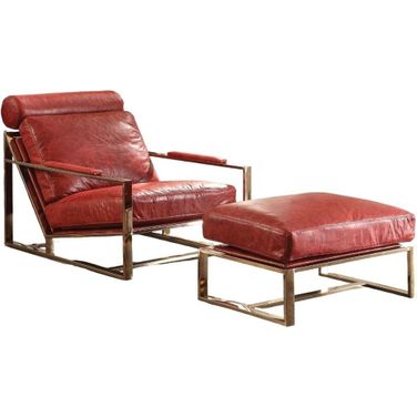29 Inch Top Grain Leather Arm Chair In Gold and Red
