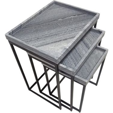 3 Piece Marble and Iron Nesting Table Set In Black and Gray