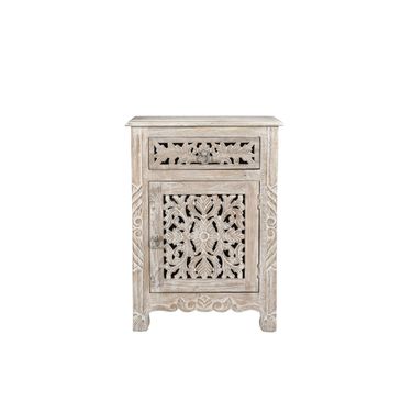 30 Inch Distressed One Drawer Carved Floral Solid Wood Nightstand In White