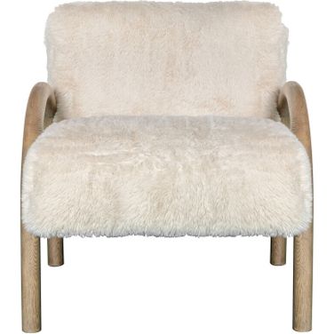 30 Inch Faux Fur and Wood Arm Chair In Off White and Natural
