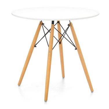 30 Inch Rounded Fiberglass and Solid Wood Dining Table In White and Natural