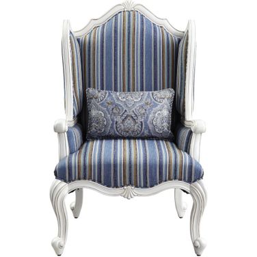 31 Inch Fabric Striped Wingback Chair and Toss Pillow In Blue and White