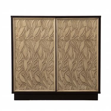 32 Inch Carved Floral Sideboard with Two Doors In Dark Brown and Natural