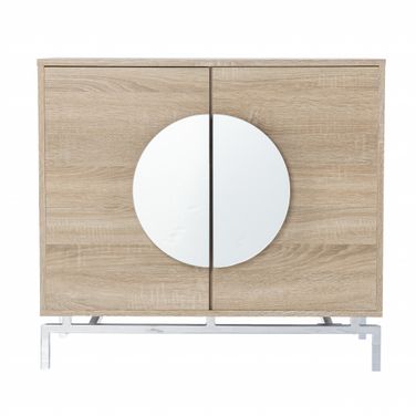32 Inch Mirrored Circle Double Door Bar Cabinet In Natural and Chrome