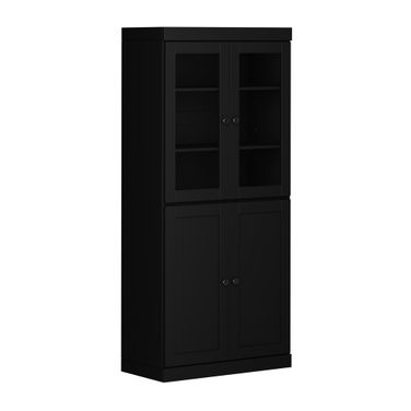 32 Inch Pantry Cabinet with Clear Glass and Shaker Doors In Black