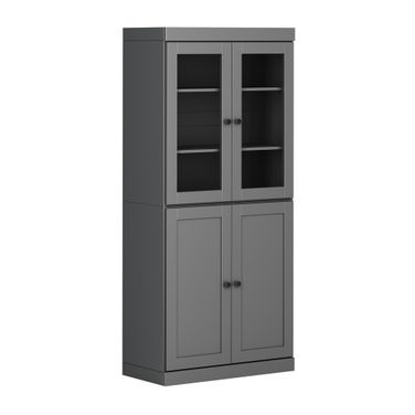 32 Inch Pantry Cabinet with Clear Glass and Shaker Doors In Gray
