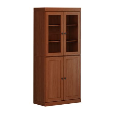 32 Inch Pantry Cabinet with Clear Glass and Shaker Doors In Mocha
