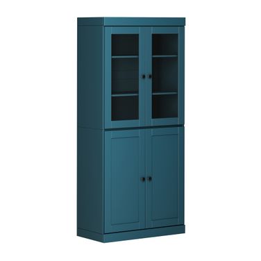 32 Inch Pantry Cabinet with Clear Glass and Shaker Doors In Teal Blue