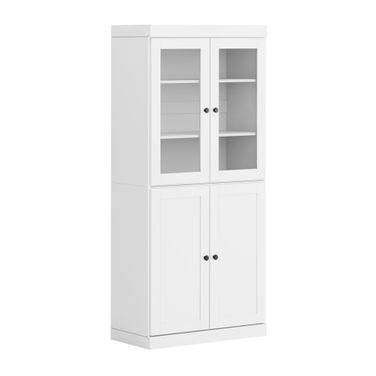 32 Inch Pantry Cabinet with Clear Glass and Shaker Doors In White