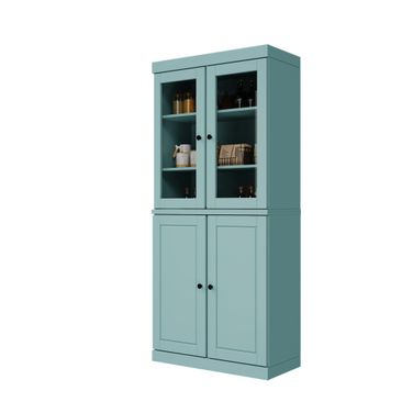 32 Inch Pantry Cabinet with Clear Glass Doors and 2-Drawers In Aqua