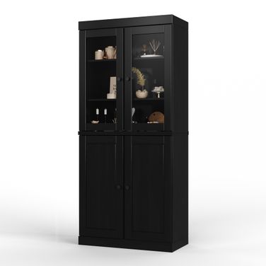 32 Inch Pantry Cabinet with Clear Glass Doors and 2-Drawers In Black