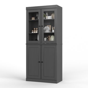 32 Inch Pantry Cabinet with Clear Glass Doors and 2-Drawers In Gray