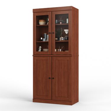 32 Inch Pantry Cabinet with Clear Glass Doors and 2-Drawers In Mocha