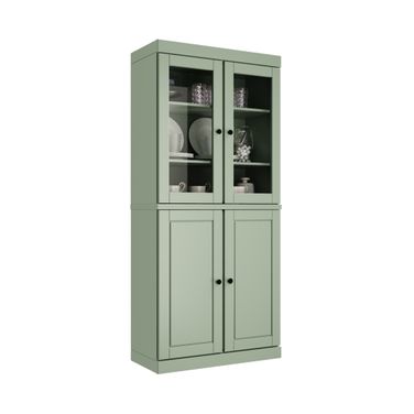 32 Inch Pantry Cabinet with Clear Glass Doors and 2-Drawers In Sage