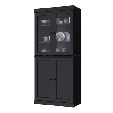 32 Inch Pantry Cabinet with Raised Panel and Clear Glass Doors In Black