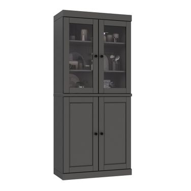 32 Inch Pantry Cabinet with Raised Panel and Clear Glass Doors In Gray