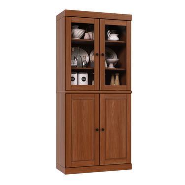 32 Inch Pantry Cabinet with Raised Panel and Clear Glass Doors In Mocha