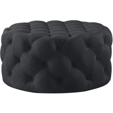 33 Inch Linen Tufted Round Cocktail Ottoman In Black