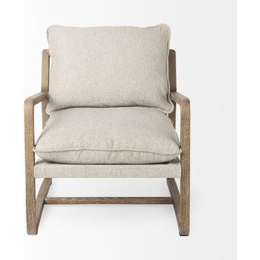 34 Inch Fabric Lounge Chair In Beige and Wood Brown