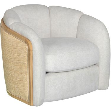 34 Inch Fabric Wood and Rattan Swivel Arm Chair In Off White and Natural