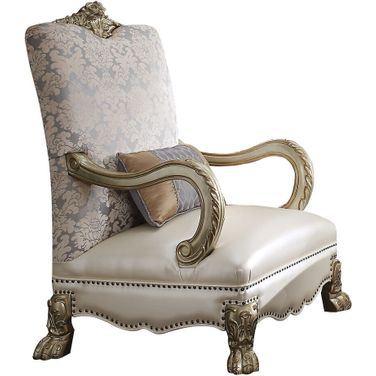 34 Inch Faux Leather Floral Arm Chair and Toss Pillow In Pearl and Gold