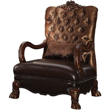 34 Inch Velvet Tufted Arm Chair and Toss Pillow In Golden Brown and Chocolate