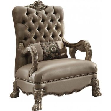 34 Inch Velvet Tufted Chesterfield Chair and Toss Pillow In Bone and Gold