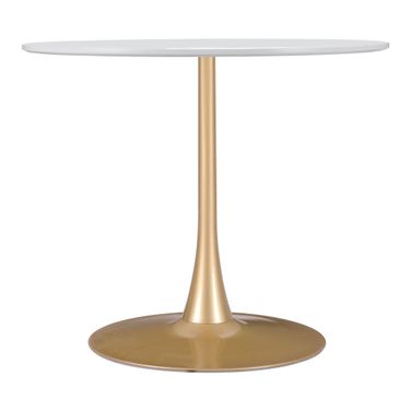 35 Inch Rounded Steel Pedestal Base Dining Table In White and Gold