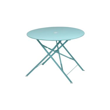 36 Inch Rounded Aluminum Folding Outdoor Dining Table with Umbrella Hole In Aqua