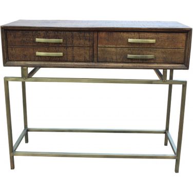 36 Inch Solid Wood Distressed Frame Console Table with Storage In Brown and Brass