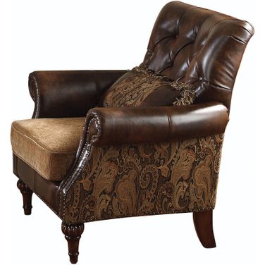 38 Inch Faux Leather Floral Tufted Arm Chair and Toss Pillow In Black and Brown