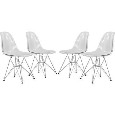 4 LeisureMod Cresco Clear Molded Eiffel Side Chairs