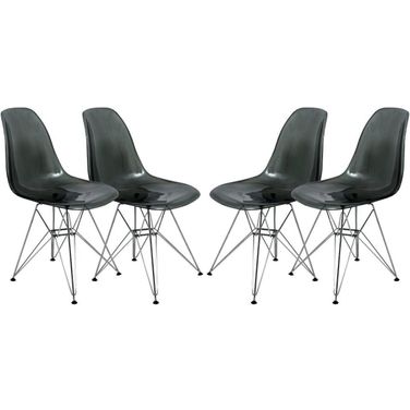 4 LeisureMod Cresco Transparent Black Molded Eiffel Side Chairs