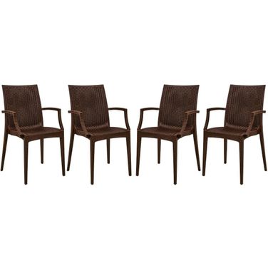 4 LeisureMod Weave Brown Mace Indoor Outdoor Arm Chairs