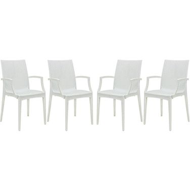 4 LeisureMod Weave White Mace Indoor Outdoor Arm Chairs
