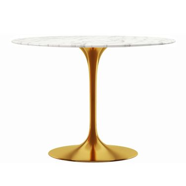 40 Inch Rounded Marble and Metal Pedestal Base Dining Table In White and Gold