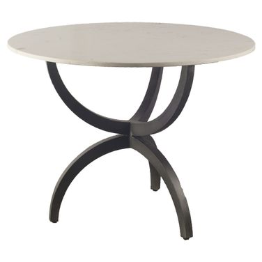 40 Inch Rounded Marble and Metal Three Leg Base Dining Table In Off White and Black