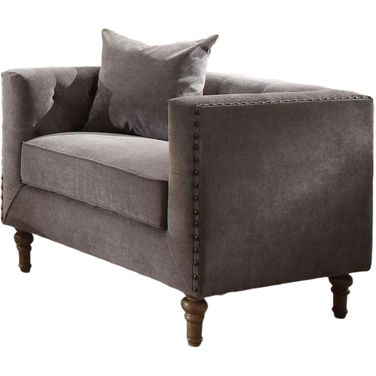 41 Inch Velvet Tufted Arm Chair and Toss Pillow In Gray and Antique Brass