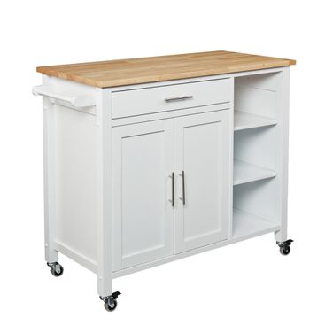 42 Inch Butcher Block and Iron Rolling Kitchen Cart with Storage In Natural and White