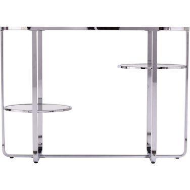 42 Inch Mirrored Glass Oval Cross Leg Console Table with Shelves In Silver