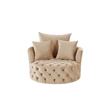 43 Inch Velvet Tufted Swivel Barrel Chair and Toss Pillows In Beige